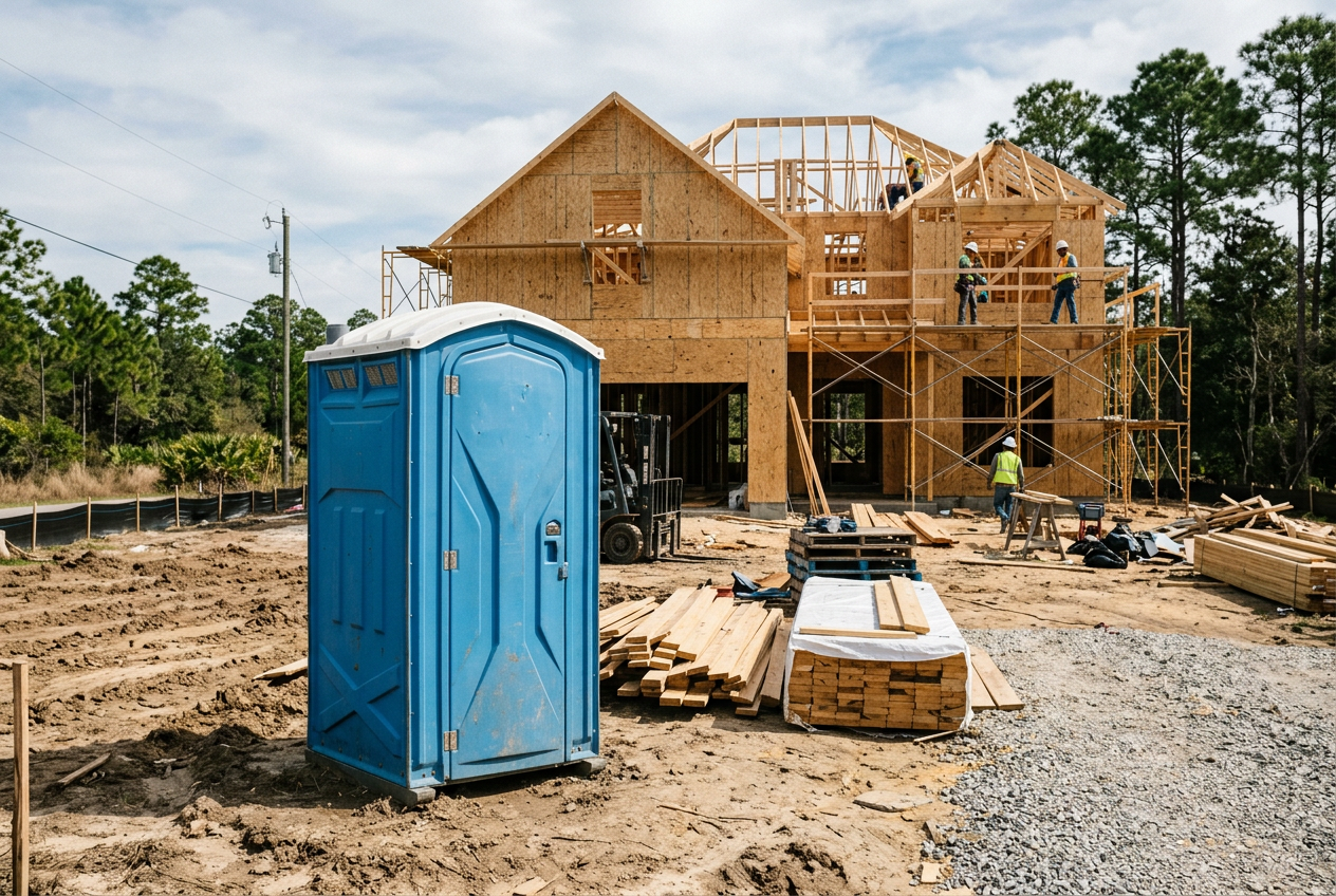 Construction porta potty rental at a Mobile AL home build site