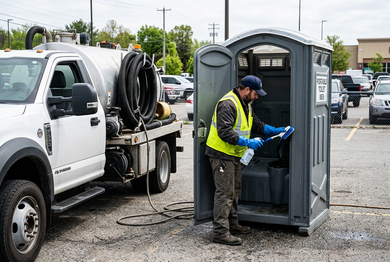 Mobile Porta Potty service technician cleaning a portable toilet in Mobile AL